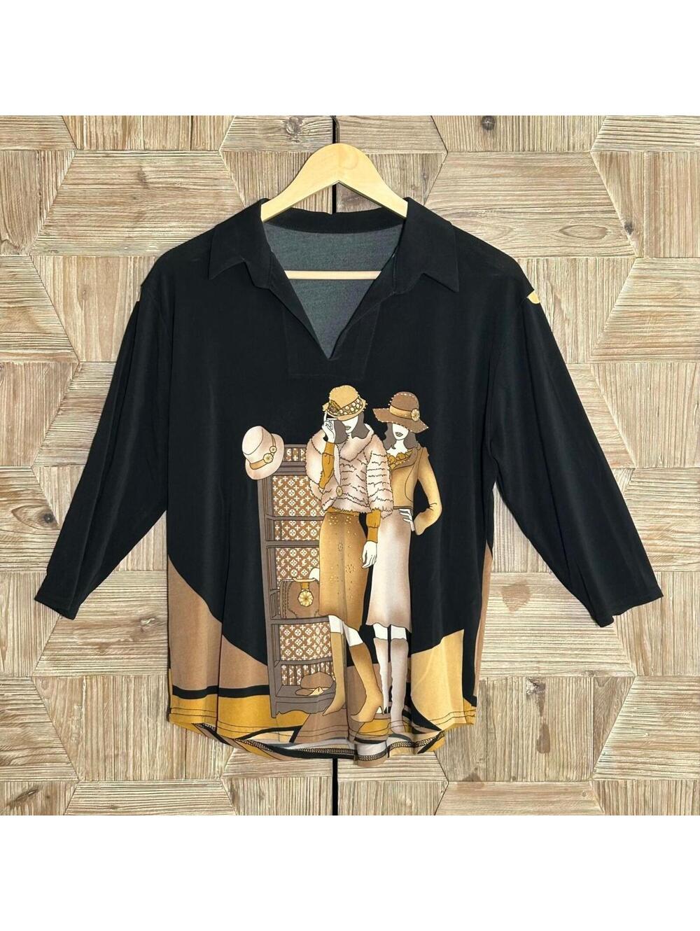 Black Novelty Print V-Neck Blouse 3/4 Sleeve Graphic Top Pullover Travelcore